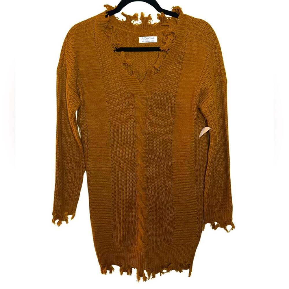 NWT Full Circle Trends Distressed Mustard Yellow Sweater Dress Size L